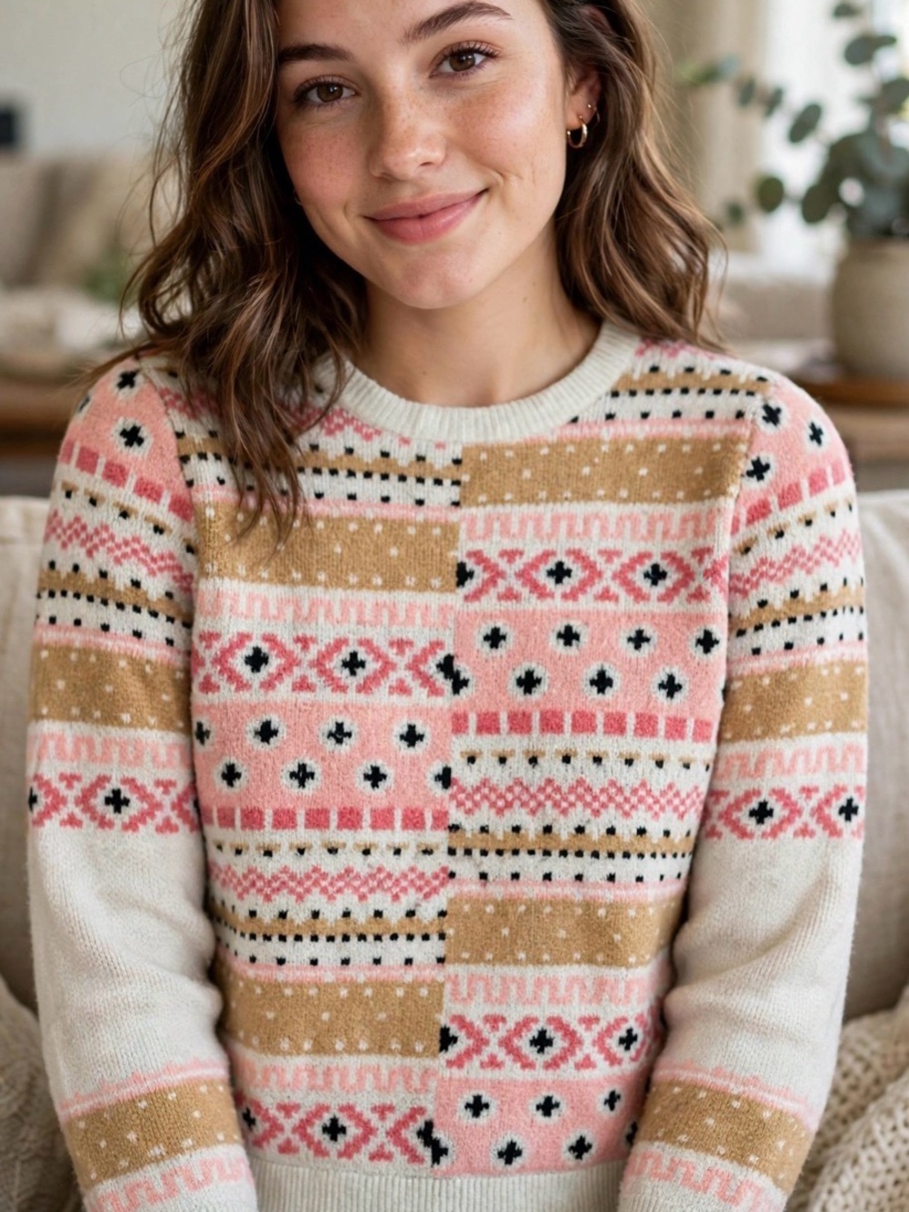 Women’s Fair Isle Patchwork Cozy Pink Multi-Pattern Crewneck Nordic Sweater
